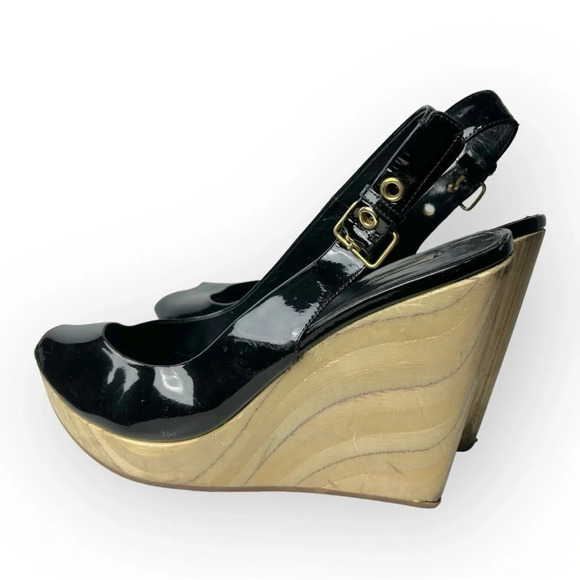 Miu Miu Black Patent Leather  Peep Toe Slingback Wooden Wedge Heel 39 - Picture 4 of 14